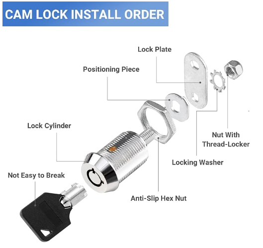 Standard tubular cam lock exploded view showing chrome finish and internal components for display safe